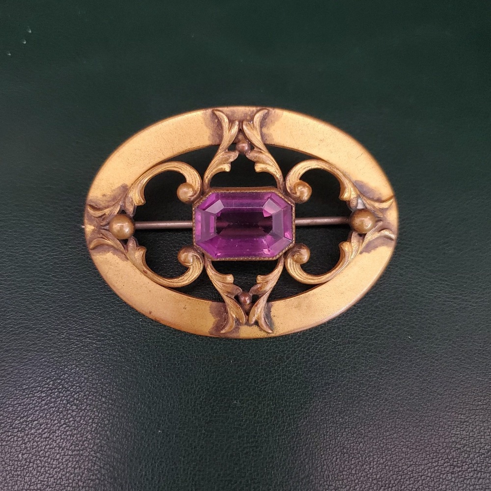VTG Oval Brooch Sash Pin Brass Purple Emerald Cut Stone Art Nouveau Victorian - Picture 6 of 6